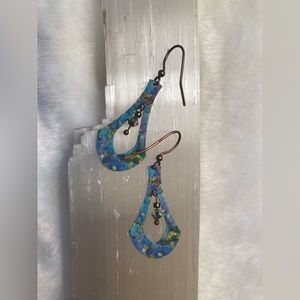 Beautiful, New England Artisan-made Dangly Bead Earrings in Blue, Green, & Gold!
